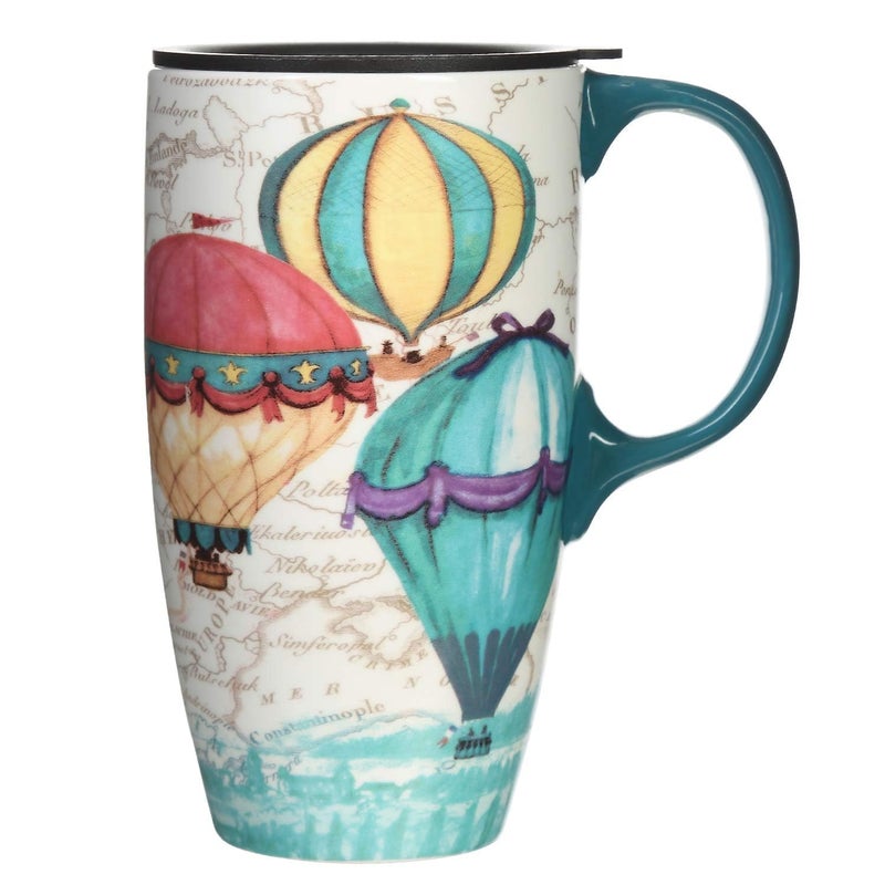TZSSP Coffee Ceramic Mug Porcelain Latte Tea Cup With Lid 17oz. Balloon - Image 4